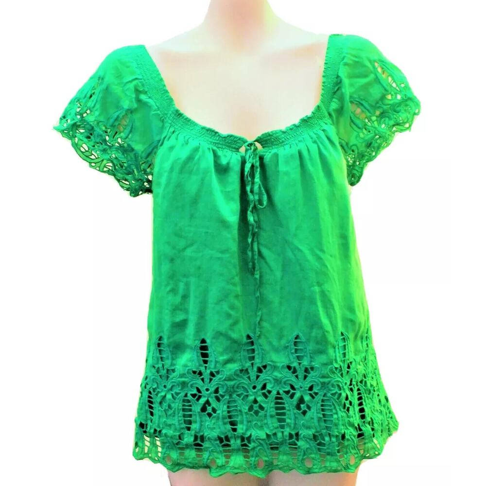 Anthropologie XS Green Embroidered Flutter Sleeve Eyelet Fairy Earthy Whimsical